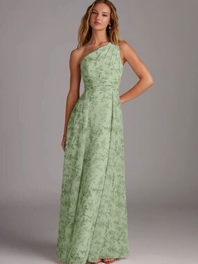 Azazie One-Shoulder Dusty Sage Green Floral Gown size 18